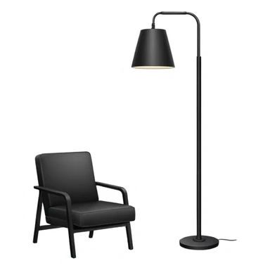 Minimalistic flat vector icon, iOS style, thin black contour on white background. Floor lamp and chair next to a framed picture on wall. Clean, no text, no shadows sticker