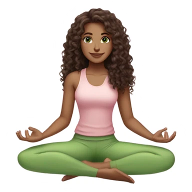Dark brown long curly hair and green eyes yoga beautiful young woman in light pink pink pink clothes sitting on a yoga mat sticker
