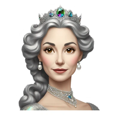 Regal pretty slender middle age woman photograph defined cheekbones high cheekbones crown vintage with very long iridescent black and silver hair wavy long hair pearl crown iridescent sticker