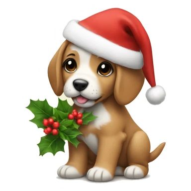 a little puppy with a christmas hat holding flowers sticker