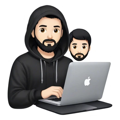 hackeur blanc cheveux noir barbe et capuche noir avec un macbook sticker