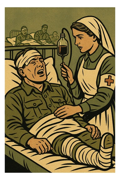 A world war one British soldier in an army hospital bed.  The soldier has a bandage around his head, with a splint on one of his legs.  He is also being given a blood transfusion from an army hospital nurse. In the background are other injured soldiers.  The main colour of the image is khaki and greens sticker