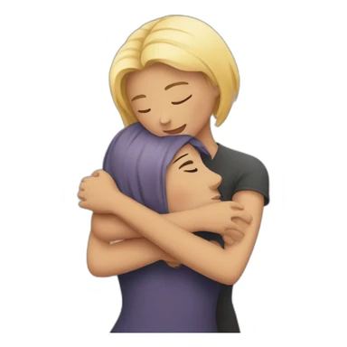 Two girls hug, one has a short hairstyle, the other has a square sticker