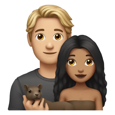 a woman with black long hair and just a black eyeliner with a little capybara puppett on his hand sticker