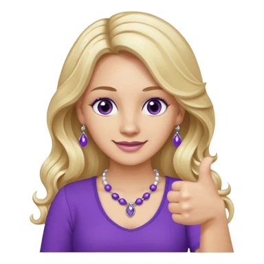 lady with long wavy blonde hair, purple top, коричневыми eyes, thumbs up, с бусами белые и серебром на шее sticker