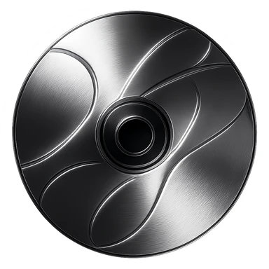 A minimalist CD disc with abstract pattern, glowing effect, purple color, chrome style, with a metallic finish sticker