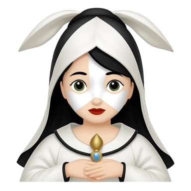 vull un perosnatge estil bimoji que sigui com una nimfa bella i fantasmal amb túniques blanques. Té la pell literalments blanca com el guix, cabell platejat, un nas llarg, ulls negres grans i llavis carmesí. que estigui somrient sense arrecades i roba vermellai balnca  sticker