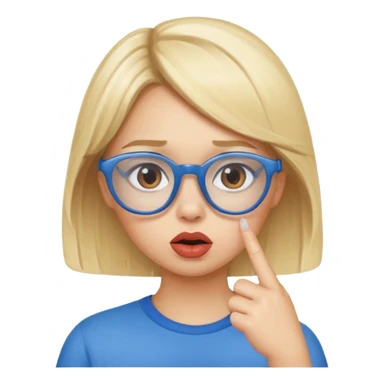 Blonde girl with brown eyes, blue glasses saying shhhh with her finger to her pouty lips sticker