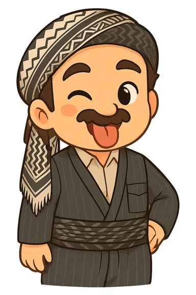 Cartoon sticker of a Kurdish man with the same clothes and scarf as the reference image, no changes to clothes or scarf, face with a tongue out and winking expression similar to emoji 😜, colorful and cheerful, no shadows or color halos around the image, no text, suitable for WhatsApp and Instagram, fully transparent background. sticker