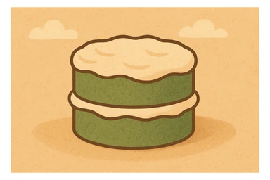 a green cake, flat warm colors style, simple and bold illustration sticker