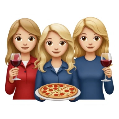 3 girls : one with wavy blond middle length hair, one with long straight long hair, one with dark blond middle length hair, each holding either a pizza, a pasta or a glass of wine sticker