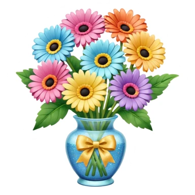10 Various pastels Gerbera In a vase , with glitter bow  sticker