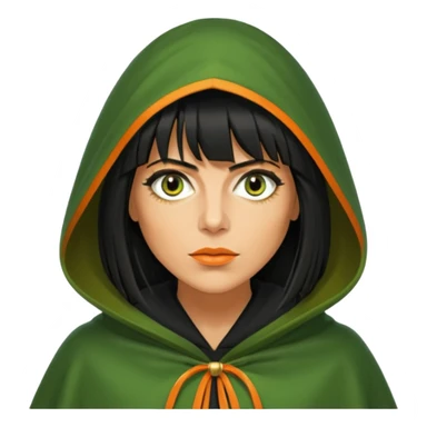 claudia winkleman with a heavy fringe and an orange tan as a traitor with a green hooded cloak with a gold clasp and dark black eyeliner sticker