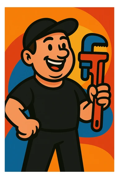 Plumber wearing a black t-shirt in vibrant cartoon style, colorful and lively illustration with clear details and expressive features. sticker
