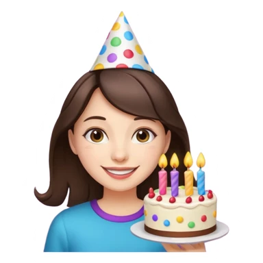 brunette girl celebrating her birthday, festive, colorful, smiling, party hat, cake sticker