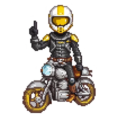 A motorcyclist in a black helmet with a golden visor flipping the bird sticker