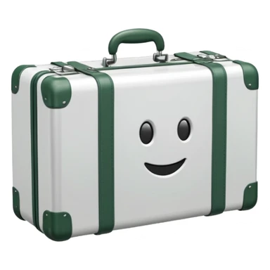 white steel suitcase with embossed surface, wheels, handle and corners dark green, emoji style sticker