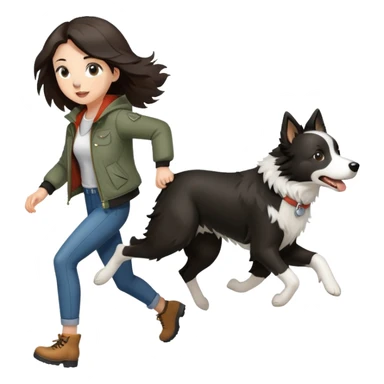 A beautiful girl with fair skin wearing a jacket chasing a Border Collie sticker