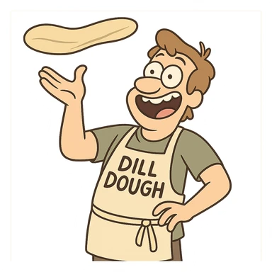 A cartoon character named Dill Dough with light brown hair, wearing an apron, tossing pizza dough in the air, cheerful and goofy expression. sticker