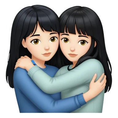 two white girls with long black hair hugging each other, one with bangs sticker