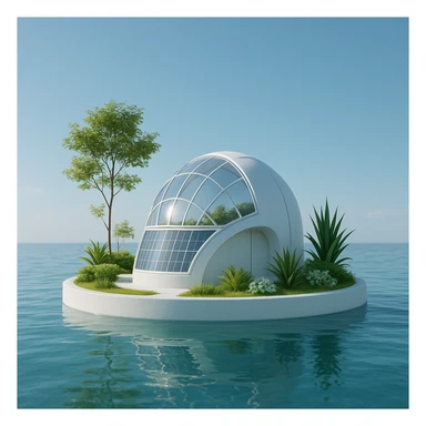 smallest possible solarpunk island, minimalist architecture, one solar dome, a few plants, surrounded by water, clean and futuristic sticker