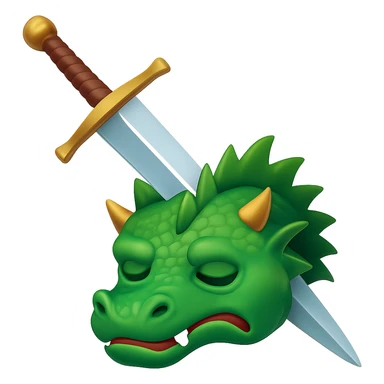 Make the sword much larger, keep the green dragon's head defeated, symbolizing conquering a challenge, in WhatsApp emoji style with no background. sticker