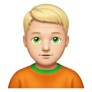 plump 30s man, short cropped hair, unique dark yellowish-orange wool jumper, glowing bright green neon eyes, emoji style sticker