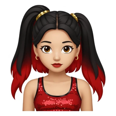 Jade from Bratz with long black ponytail hair, light skin, brown eyes, red sequin crop top sticker