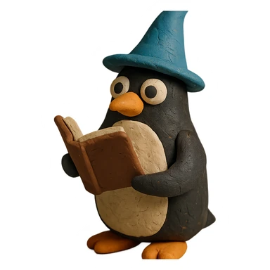 claymation style penguin wizard with a pointy hat and book sticker