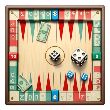 A photorealistic icon featuring a backgammon board with dice, a Monopoly board with money and property cards and a Game of Life spinner. The design captures the detailed textures of the boards, pieces, and accessories. Transparent background. sticker