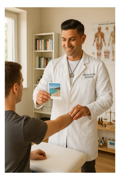 a middle-aged man, dressed in casual professional attire, is in a bright, organized therapy studio. Durante una visita di kinesiologia, il ragazzo tiene con una mano la foto di una persona lontana (il “testimone”) tiene la foto in mano, mentre con l’altra mano esegue un test muscolare su un cliente presente senza foto. Sullo sfondo si vedono libri di kinesiologia, poster anatomici e strumenti tipici della disciplina. L’atmosfera è concentrata e serena, con luce naturale che entra dalla finestra, sottolineando l’aspetto alternativo e umano della pratica. sticker
