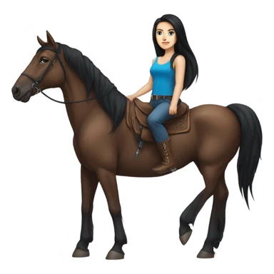 very pretty brunette with blue eyes and long black straight wearing shorts and a thigh tattoo hair riding big brown horse  sticker