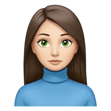 43 year old Adult woman avatar, light skin tone, long, oval face, long straight ashy brown hair, green almond-shaped eyes with dramatic eyelashes and minimal eyeliner, neutral mouth, medium straight eyebrows, average nose, smooth skin,  sky blue turtle neck  sticker