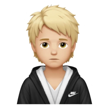 Create a blond boy with long, messy hair, light eyes, a white t-shirt, rich, with long hair, blue eyes, medium-length, voluminous hair, wearing a black Nike bathrobe and a little blush near his nose. sticker