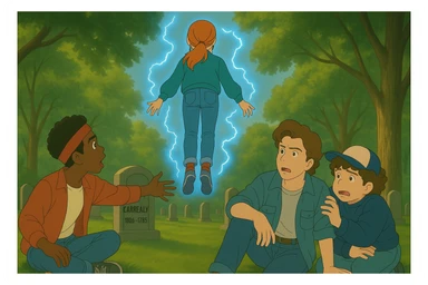 Max from Stranger Things levitating, back view, in front of Lucas, Steve, and Dustin. Lucas is kneeling and stretching his arm toward Max, Steve is looking worried, and Dustin is hiding behind Steve in fear. Render in Ghibli style with wide aspect ratio (16:9), supernatural glowing effects, emotional scene. sticker