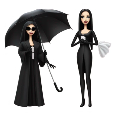 Funeral Barbie,teen Morticia Addams ,drying tears with handkerchief, show full body,accessories  gloves, funeral veil, holding umbrella  sticker