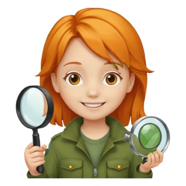 braid orange haired girl kid in moss green explorer outfit, holding magnifying glass, smile sticker