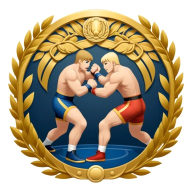 An icon symbolizing wrestling combat sports in the style of an emblem. The design features two wrestlers locked in a powerful grapple, one attempting to take the other down. Surrounding the scene are stylized elements like a championship belt, wrestling mat, and a laurel wreath. Transparent background sticker