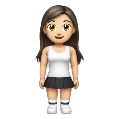 Front view full body curvy caucasian beauty sitting straight hands up black skirt white knickers white socks sticker