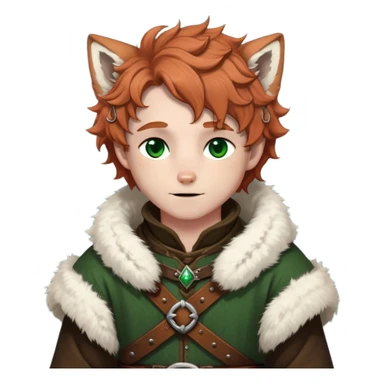 Medieval winter outfit worn by a DnD themed fantasy male character. Thick rustic brown wool tunic with arctic fox fur trim, adorned with hammered copper clasps and a heavy woven leather belt. Clothes only above the waist, full waist coverage. The character has no arms. Character is white-skinned with cinnamon colored hair, deep green eyes, and short curly hair dusted with winter frost. sticker