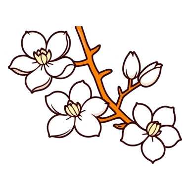 Artistic Japanese Magnolia kobus (kobushi) blossom with elegant composition reminiscent of kimono patterns, white star-shaped flowers on dark branch, gold accents, soft blue background sticker