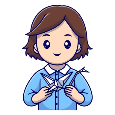 A Ukrainian young girl with brown hair wearing a white embroidered shirt holds an origami blue crane sticker