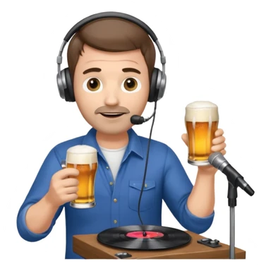 a middle aged white male radio presenter, with short brown hair and slightly unshaven, wearing headphones, speaking into a microphone, with a beer in his right hand and vinyl record in his left hand sticker