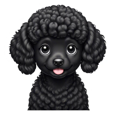 Cinematic Cute Black Poodle Portrait Emoji, Head tilted playfully and inquisitively, showcasing a bouncy, curly jet-black Fur with a striking sheen, round, sparkling dark eyes filled with curiosity, Simplified yet irresistibly adorable features, highly detailed, glowing with a warm, friendly glow, high shine, affectionate and lively, stylized with a touch of whimsy, bright and endearing, soft glowing outline, capturing the essence of a mischievous yet loving companion, so playful it feels like it could bounce out of the screen and into your arms! sticker