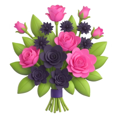 realistic 3D gothic bouquet with pink and black flowers, minimal and elegant sticker