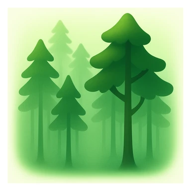 Create a forest emoji inspired by the reference image with tall thin trees, a misty atmosphere, and a simplified emoji-like style. Add a soft green glow effect to the scene. The style should be similar to the reference but adapted for emoji use. sticker