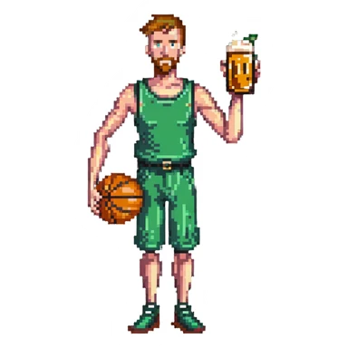Thin man with basketball and beer sticker