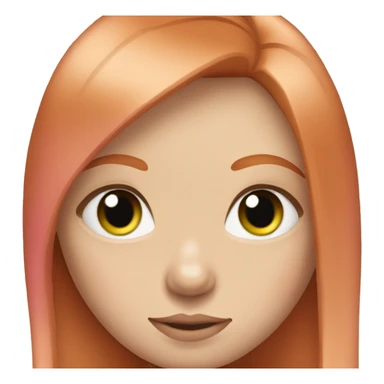 ginger girl, green eyes eyes, shoulder lenght straight hair with bangs, wearink pink  sticker