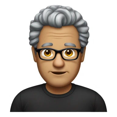 55 year old man overweight curly thinning hair white wearing black dress shirt black rim square glasses  sticker