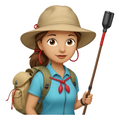 Middle aged women, long brown ponytail with wide brim hiking hat. With backpack and trekking poles. Backpack has a scallop shell with the cross of saint james hanging from it.  Remove the cross and add a scallop shell on a red string hanging from the backpack  sticker
